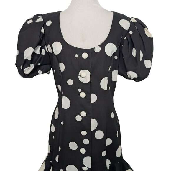 Vintage 80s Victor Costa Dress Womens Size 8 Black Polka Dot Puff Sleeve Party - Picture 2 of 13